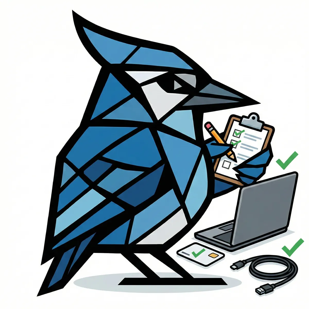 AssetJay mascot checking off equipment on a clipboard