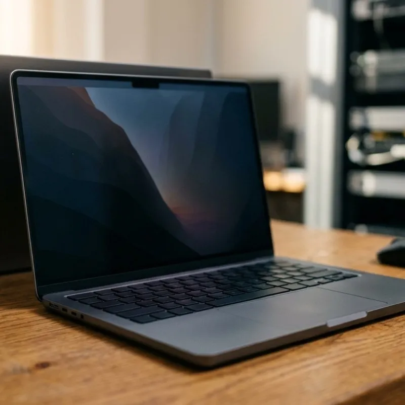Modern office laptop on a clean desk with a blurred server rack in the background