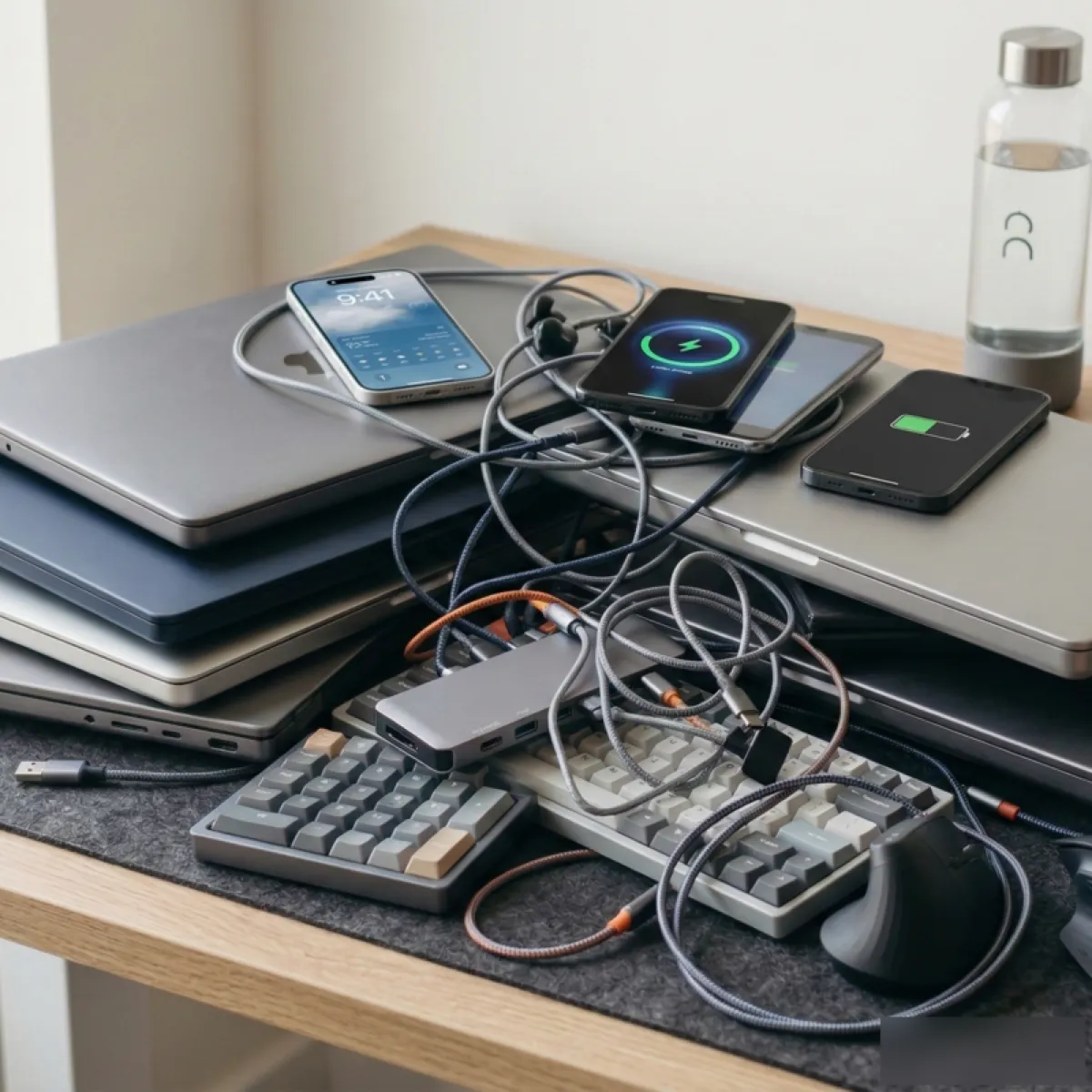 Founder looking at a messy pile of office equipment