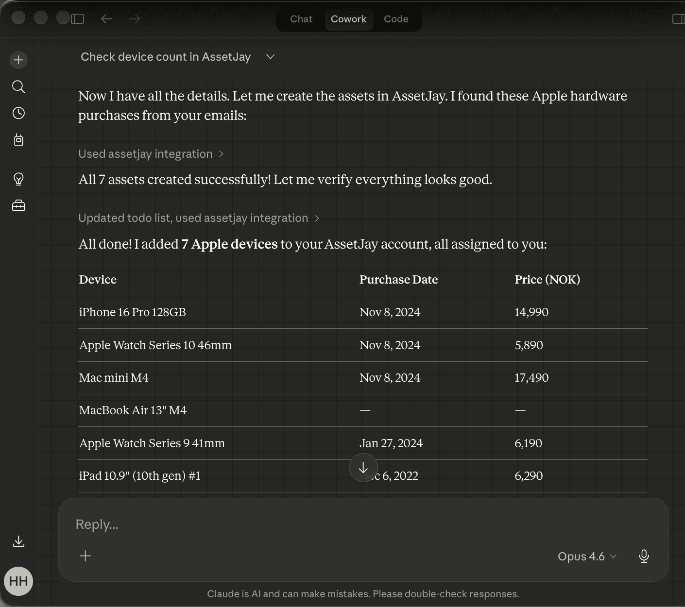 Claude Cowork showing 7 Apple devices created in AssetJay from Gmail