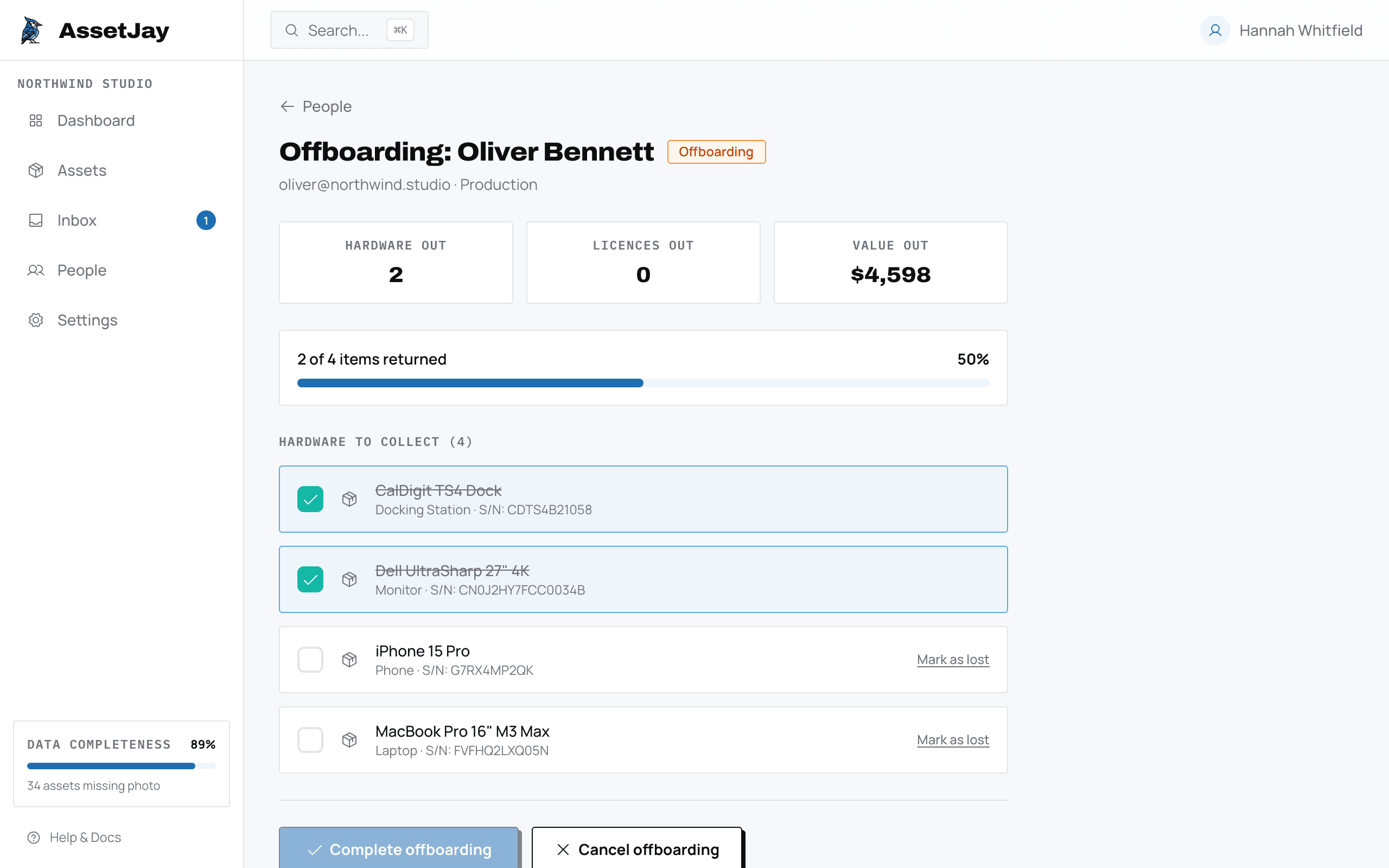 AssetJay offboarding checklist for Oliver Bennett with two of four items marked as returned.
