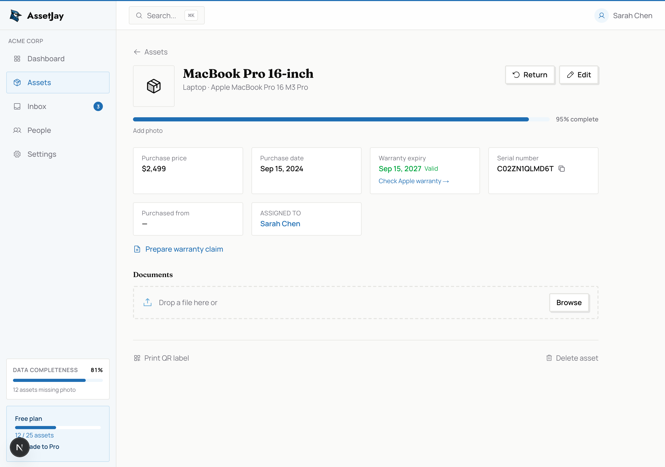 Asset detail page showing receipts, warranty information, and assignment history