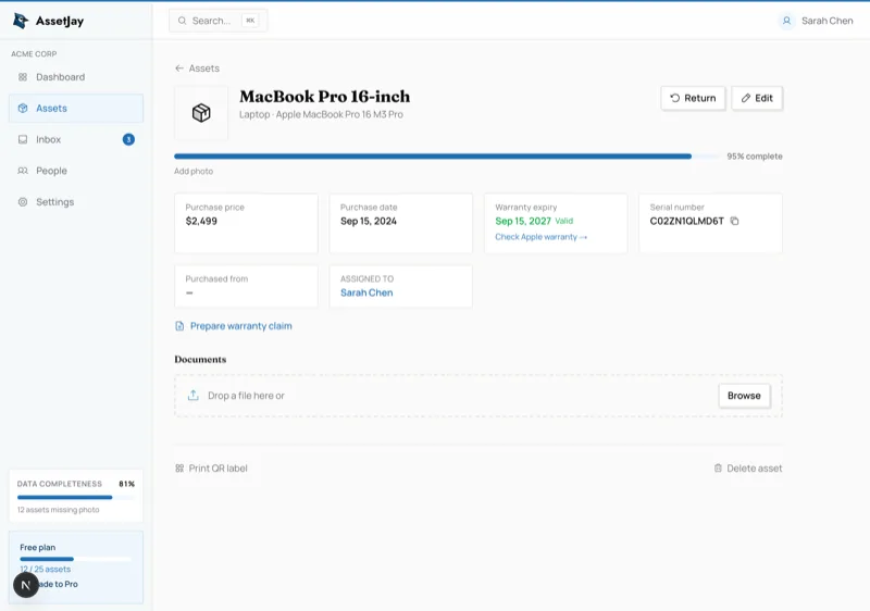 Asset detail page showing receipts, warranty information, and assignment history