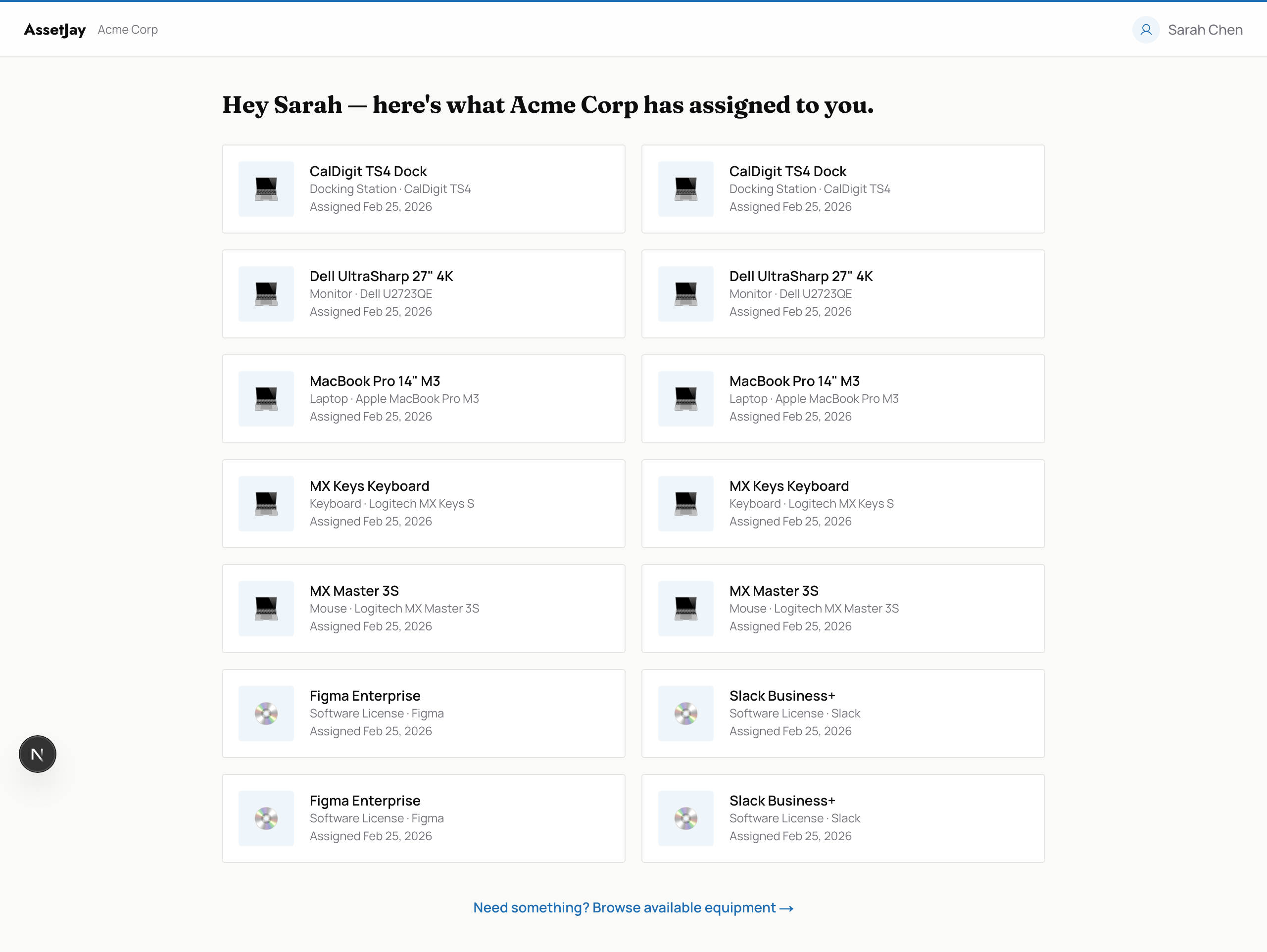 Employee self-service portal showing assigned equipment