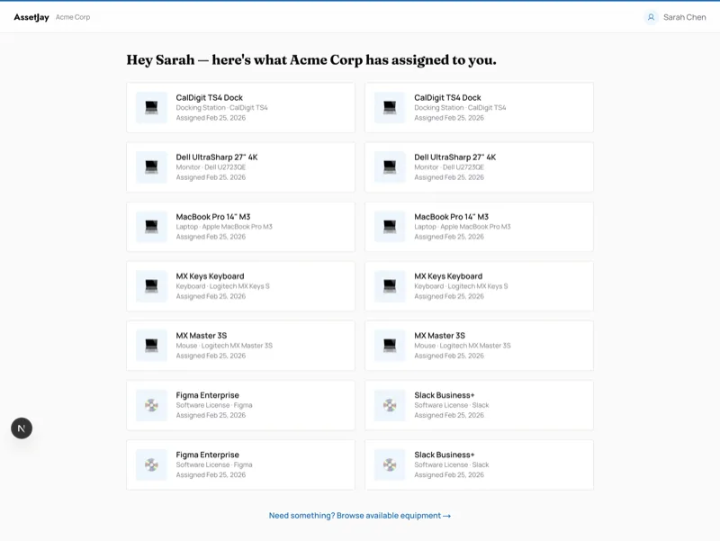 Employee self-service portal showing assigned equipment