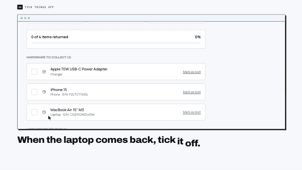 Clip from the Someone's leaving video: a returned laptop is ticked off the offboarding checklist and goes back on the shelf.